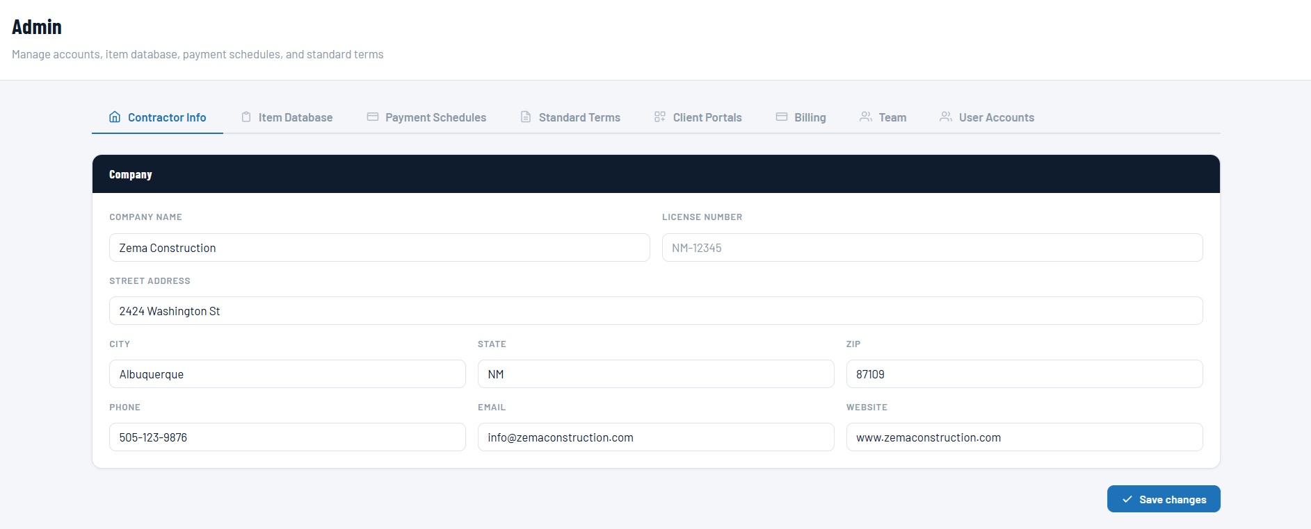 Admin panel with contractor info and fully customizable settings